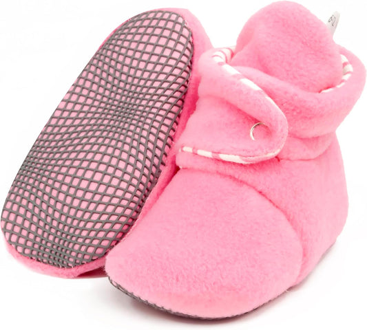 Fleece Baby Booties, Three Snap Baby Slippers, Unisex Baby Gifts, Non-Slip Newborn Booties for Boys and Girls, Infant Baby Shower Shoes Months
