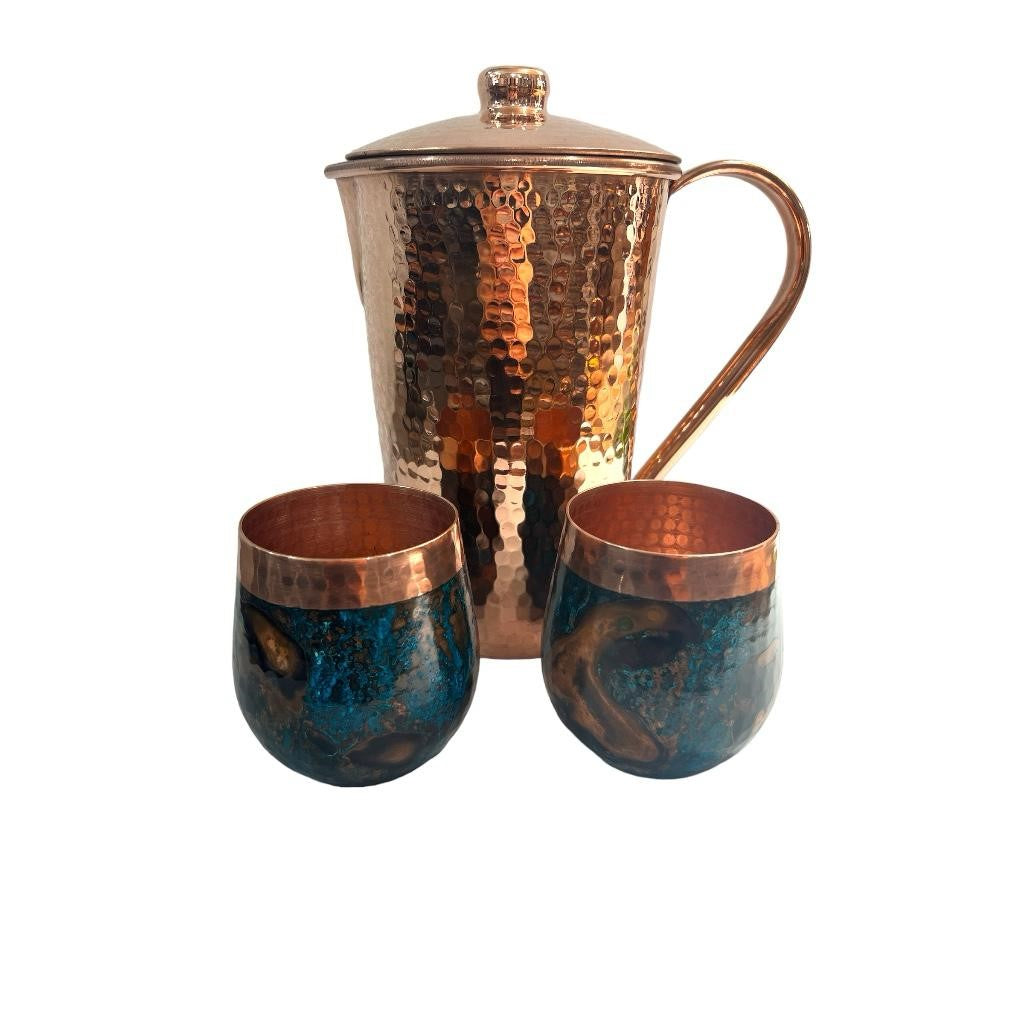 Set of Shiny Hammered Copper Pitcher & Two Blue Marbled Tumblers