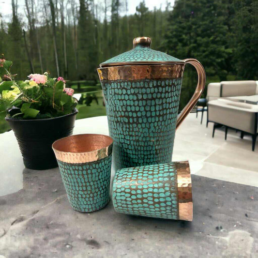 Set of One Copper Pitcher with Top & Two Tumblers, Hammered & Turquoise Patina