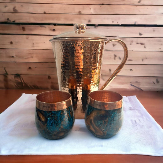Set of Shiny Hammered Copper Pitcher & Two Blue Marbled Tumblers