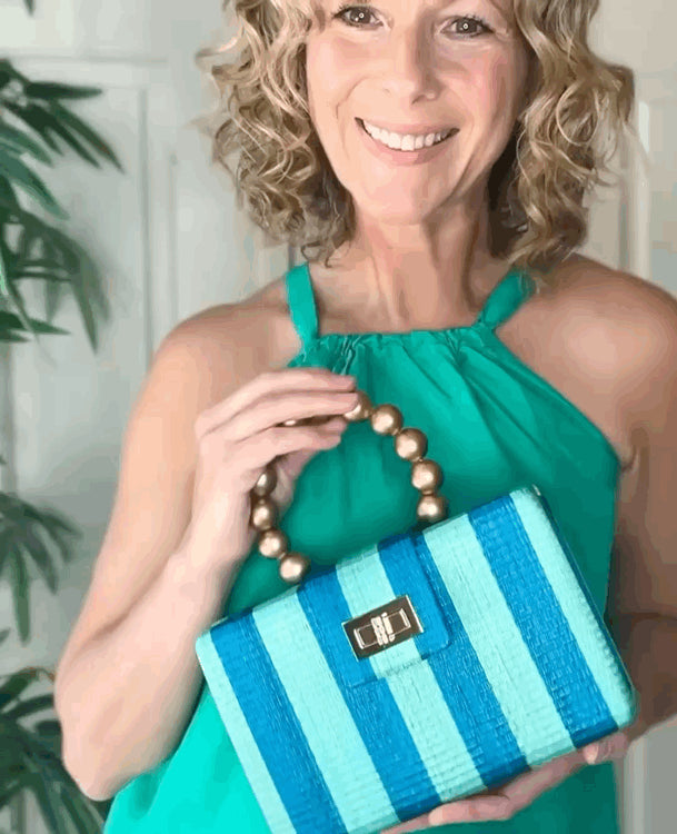 🌊✨ THE LOUISA – Blue & Turquoise Stripe Woven Straw Clutch Bag