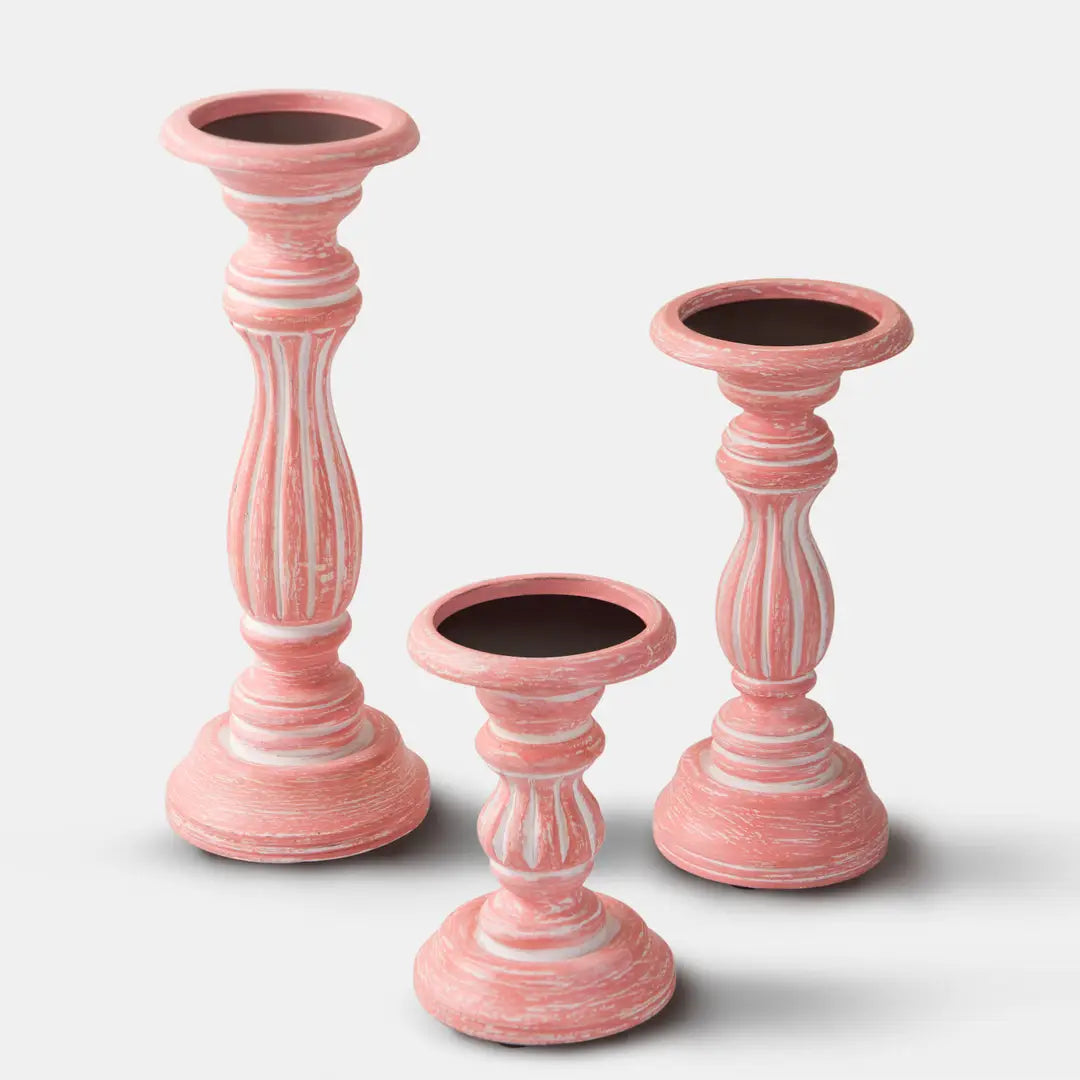 🌸✨ Rosé Reverie Pillar Candleholder Set – Handcarved Mango Wood | Washed Pink Finish
