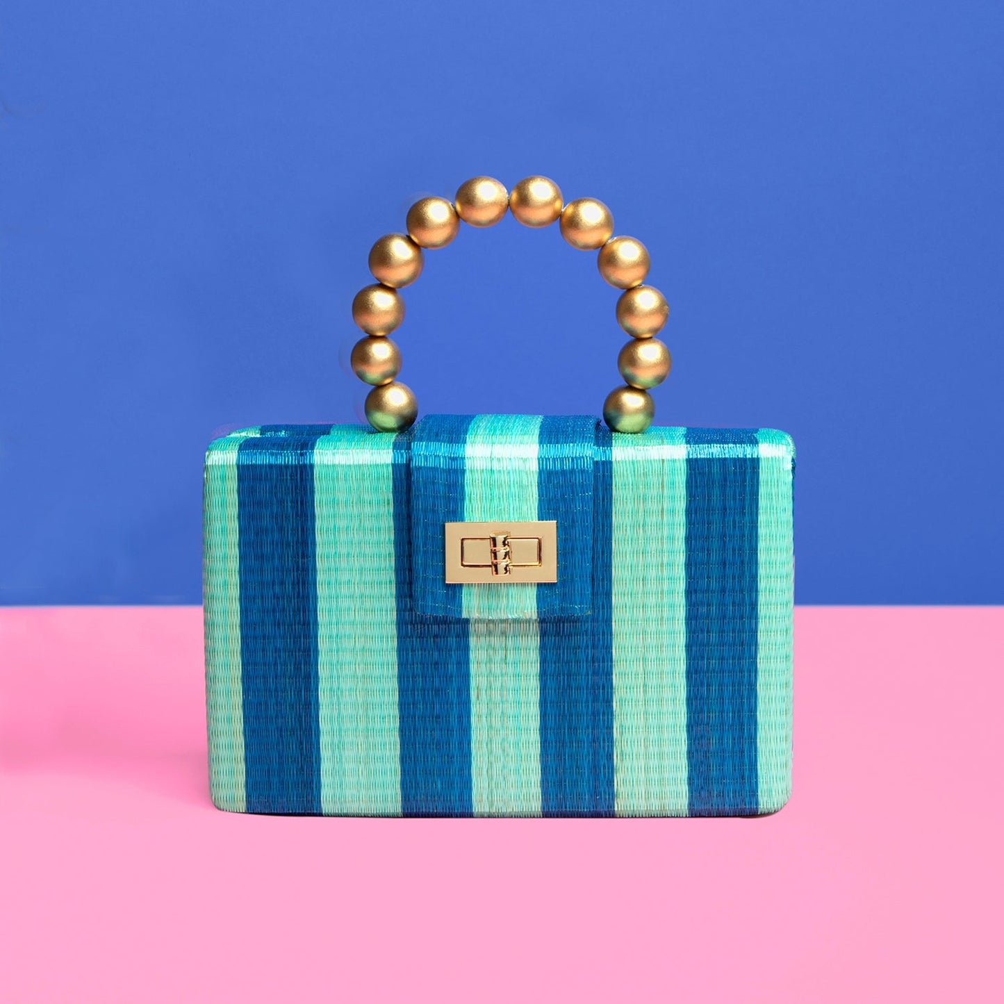 🌊✨ THE LOUISA – Blue & Turquoise Stripe Woven Straw Clutch Bag