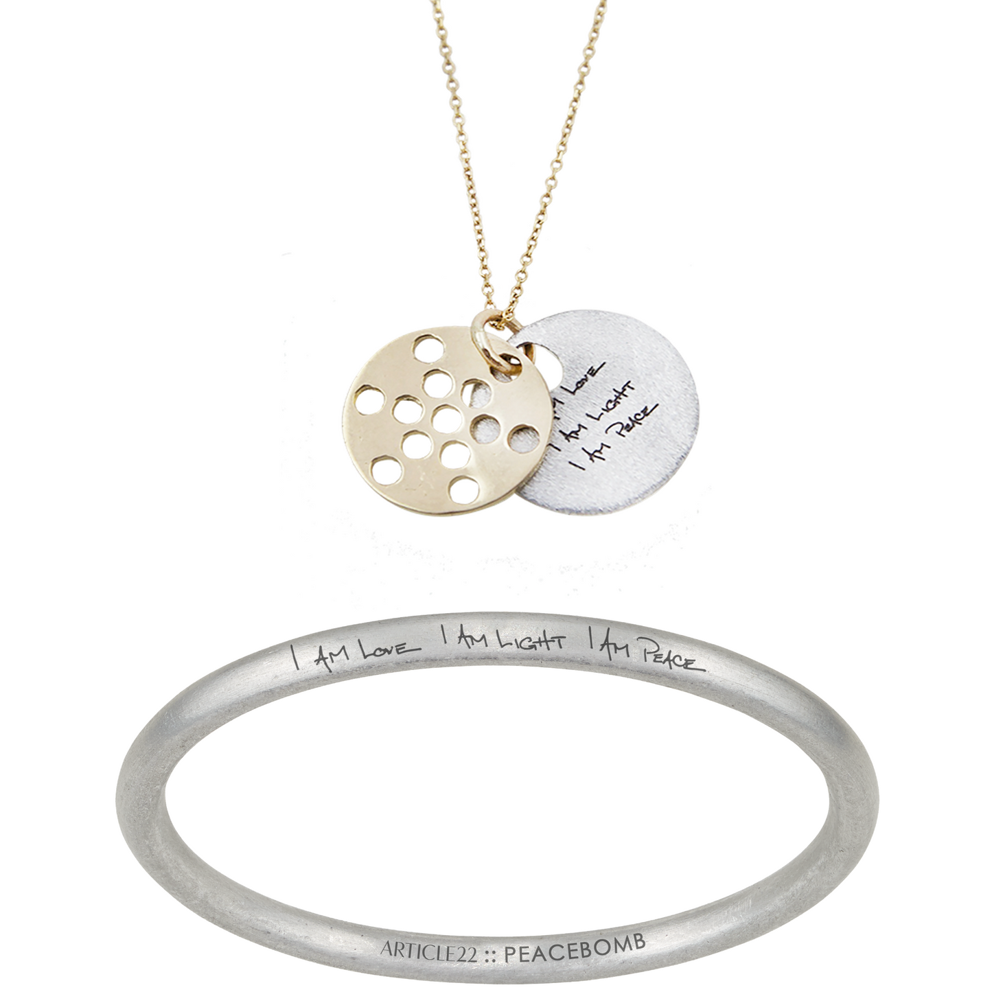 FRUIT OF LIFE NECKLACE 14K SET: I AM LOVE I AM LIGHT I AM PEACE BANGLE