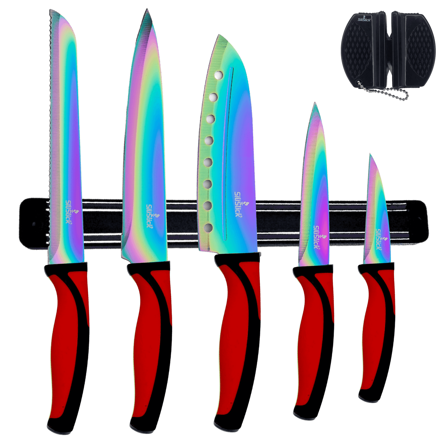 Kitchen Knife Set Kit | Red Handle & Black Magnetic Rack