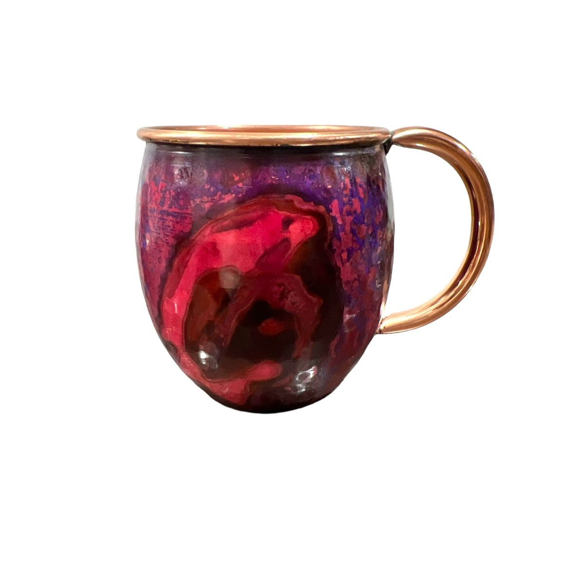 💀✨ Set of Two Copper Barrel Mugs – Chiselled Skull Design | Purple Marbled Hammered Finish