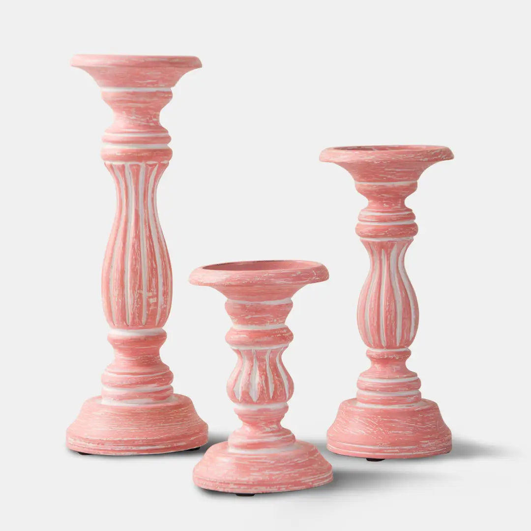 🌸✨ Rosé Reverie Pillar Candleholder Set – Handcarved Mango Wood | Washed Pink Finish