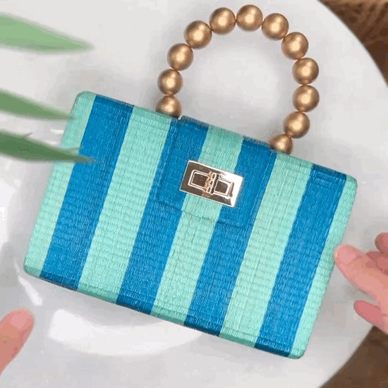 🌊✨ THE LOUISA – Blue & Turquoise Stripe Woven Straw Clutch Bag