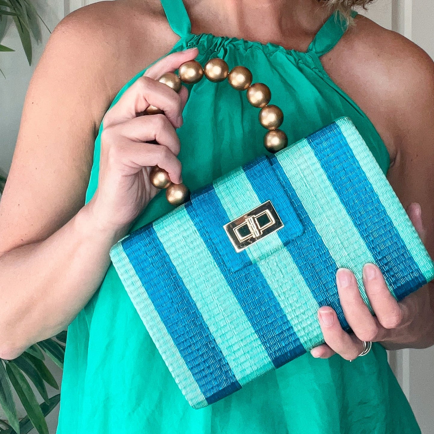 🌊✨ THE LOUISA – Blue & Turquoise Stripe Woven Straw Clutch Bag