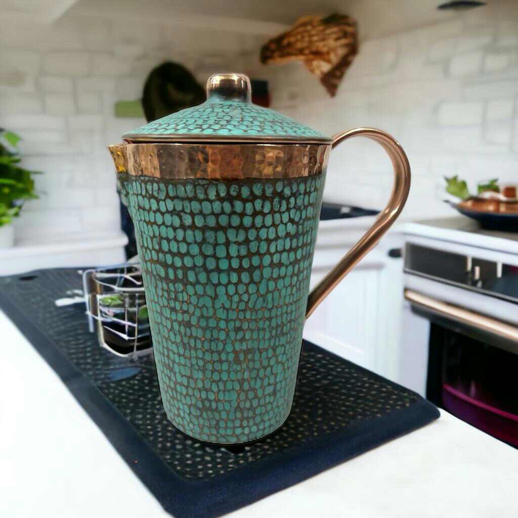 Set of One Copper Pitcher with Top & Two Tumblers, Hammered & Turquoise Patina
