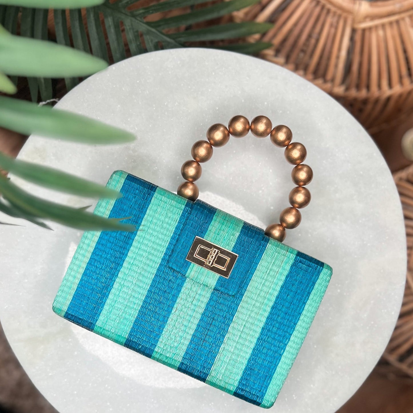 🌊✨ THE LOUISA – Blue & Turquoise Stripe Woven Straw Clutch Bag