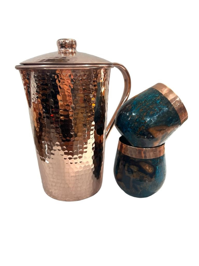 Set of Shiny Hammered Copper Pitcher & Two Blue Marbled Tumblers