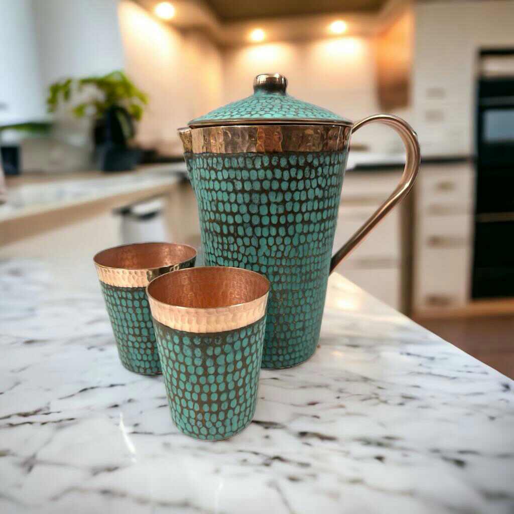 Set of One Copper Pitcher with Top & Two Tumblers, Hammered & Turquoise Patina