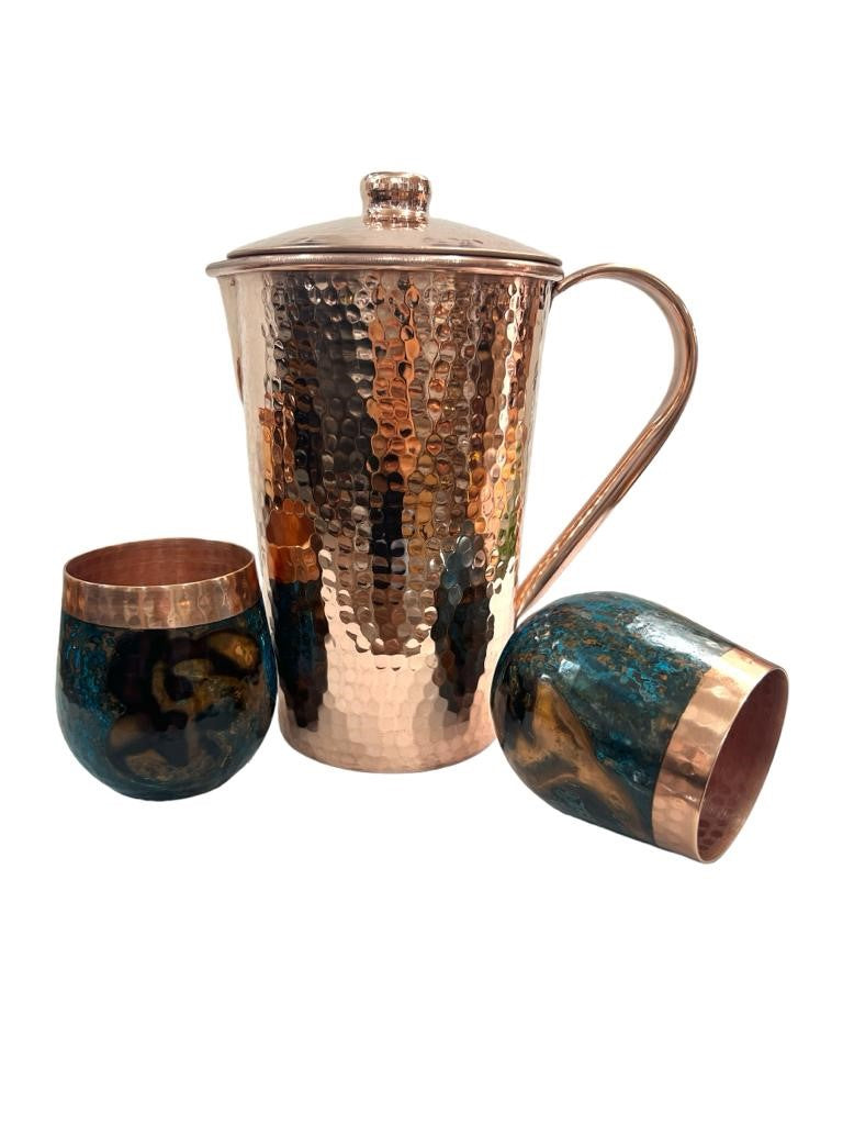 Set of Shiny Hammered Copper Pitcher & Two Blue Marbled Tumblers