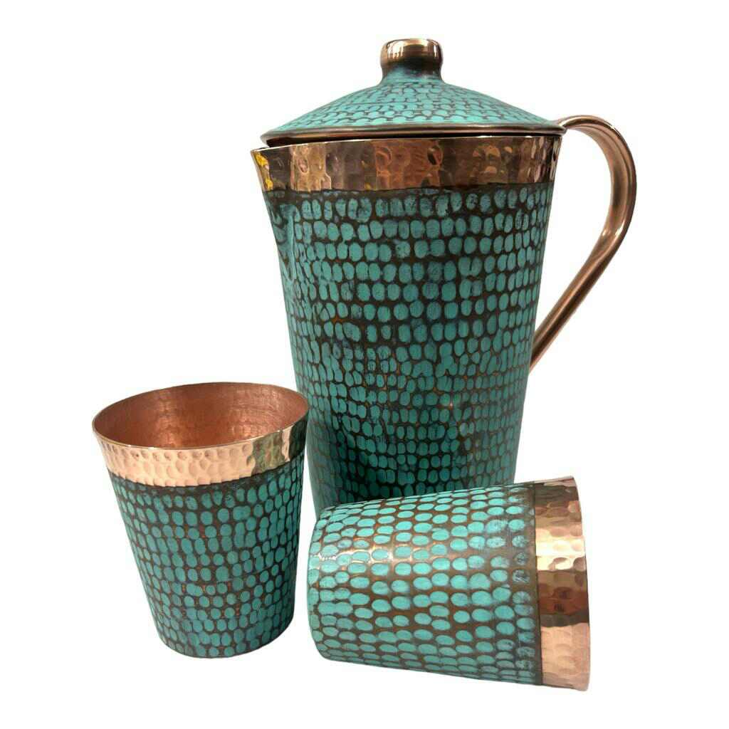 Set of One Copper Pitcher with Top & Two Tumblers, Hammered & Turquoise Patina