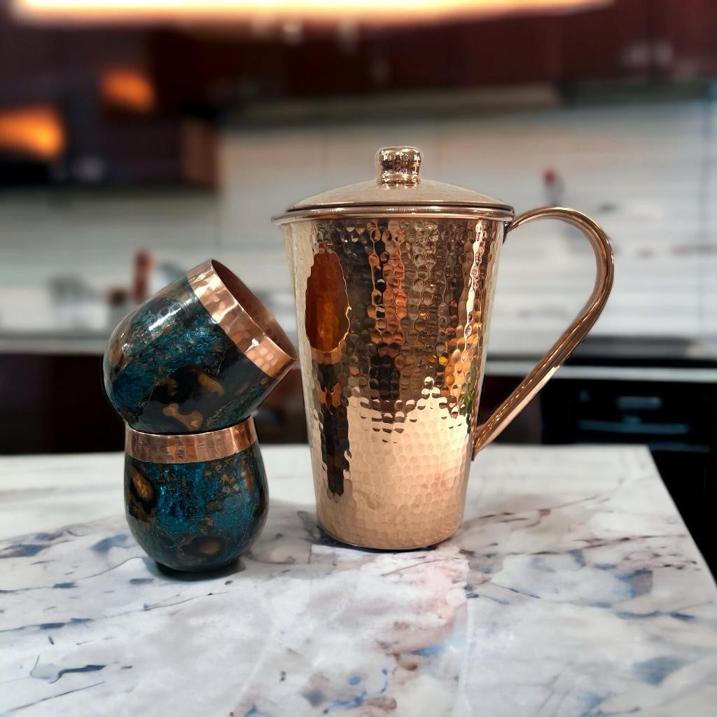 Set of Shiny Hammered Copper Pitcher & Two Blue Marbled Tumblers