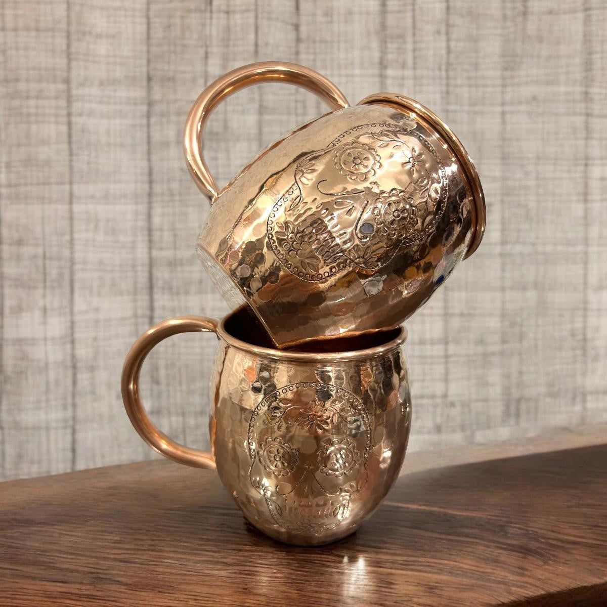 Set of Two Copper Barrel Mugs with Chiselled Skull (Day of the Dead)