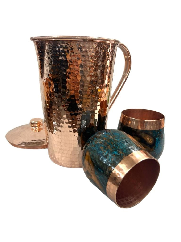 Set of Shiny Hammered Copper Pitcher & Two Blue Marbled Tumblers
