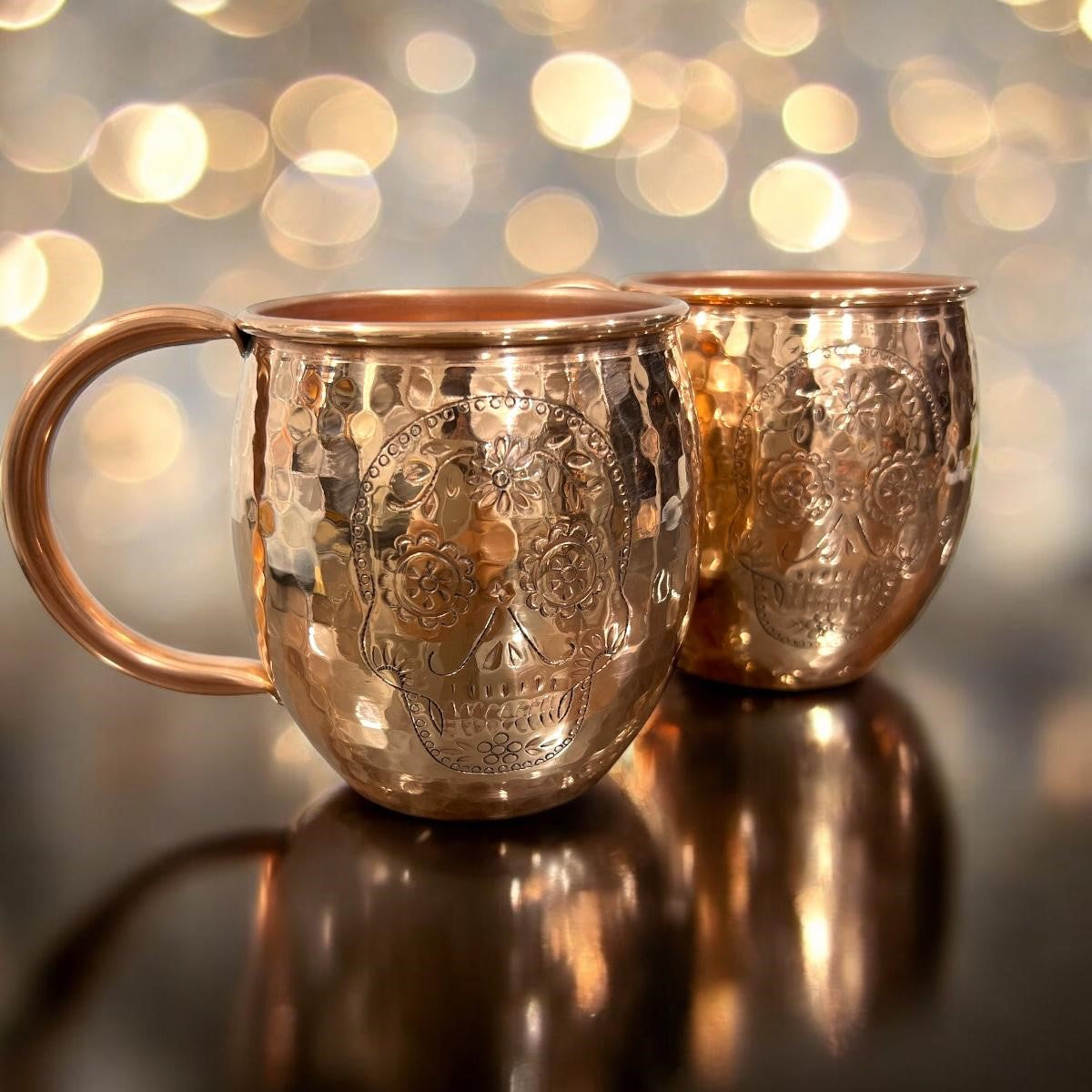 Set of Two Copper Barrel Mugs with Chiselled Skull (Day of the Dead)