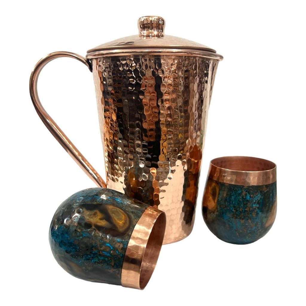 Set of Shiny Hammered Copper Pitcher & Two Blue Marbled Tumblers