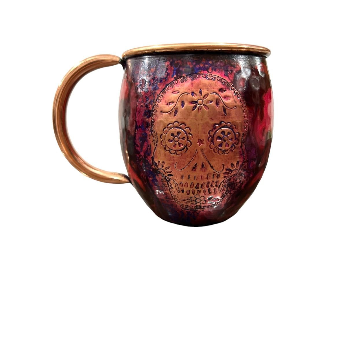 💀✨ Set of Two Copper Barrel Mugs – Chiselled Skull Design | Purple Marbled Hammered Finish