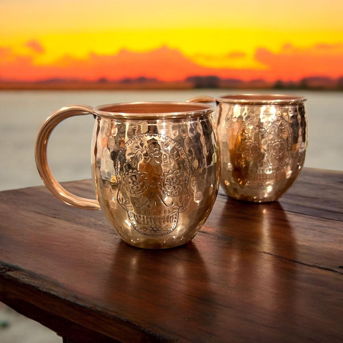 Set of Two Copper Barrel Mugs with Chiselled Skull (Day of the Dead)