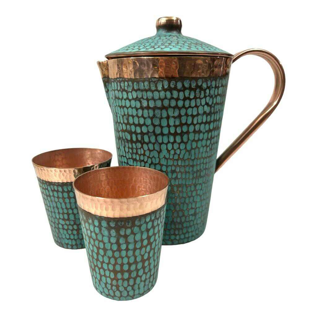 Set of One Copper Pitcher with Top & Two Tumblers, Hammered & Turquoise Patina