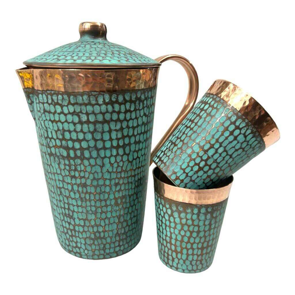 Set of One Copper Pitcher with Top & Two Tumblers, Hammered & Turquoise Patina