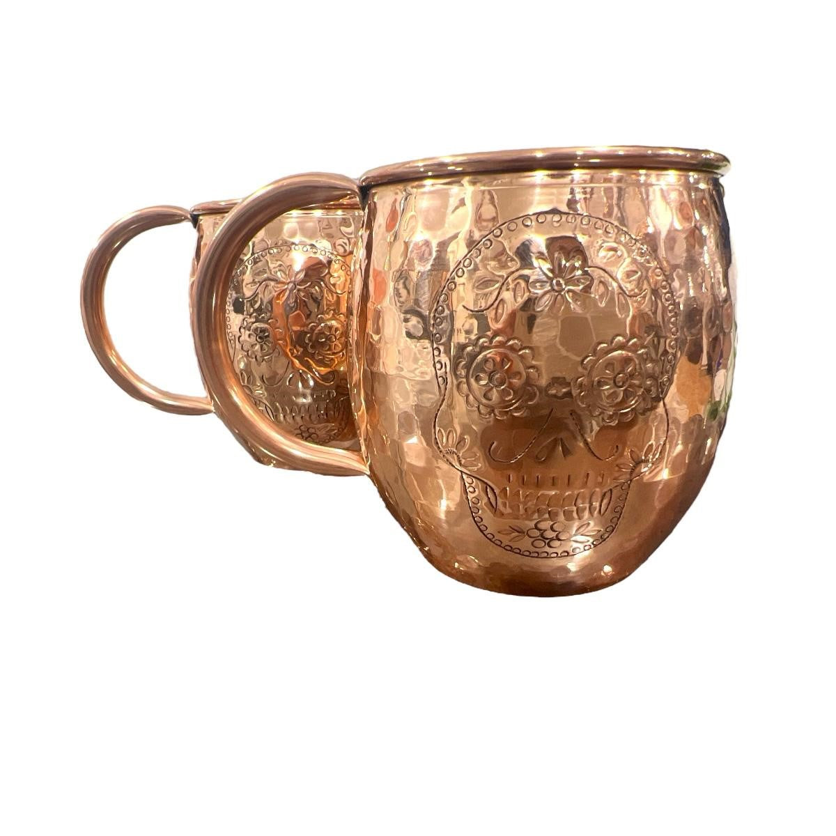 Set of Two Copper Barrel Mugs with Chiselled Skull (Day of the Dead)