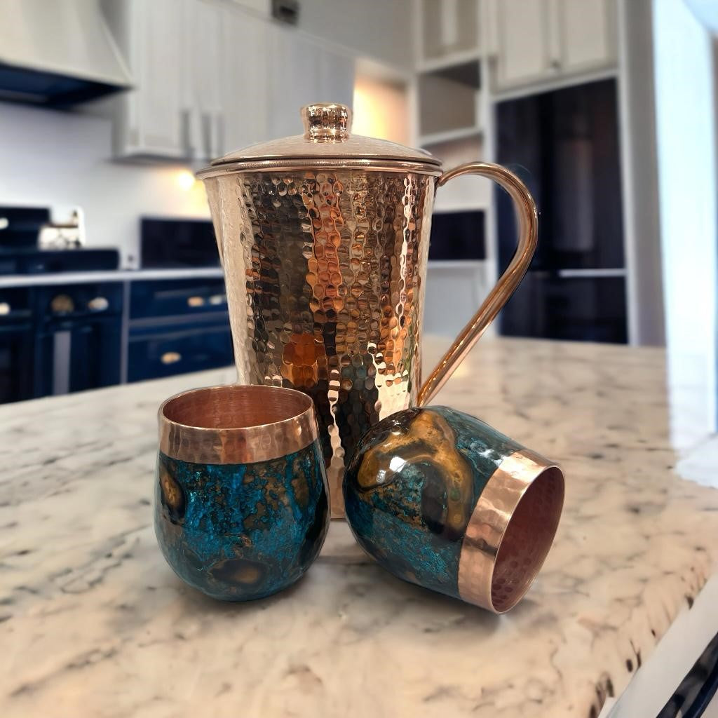 Set of Shiny Hammered Copper Pitcher & Two Blue Marbled Tumblers
